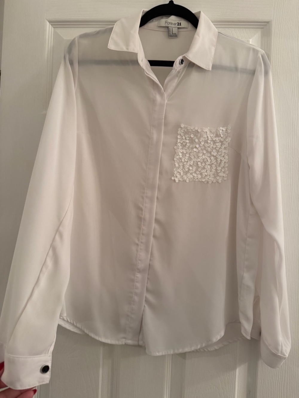 Forever 21 White Sheer Button-Up Blouse with Sequin Pocket